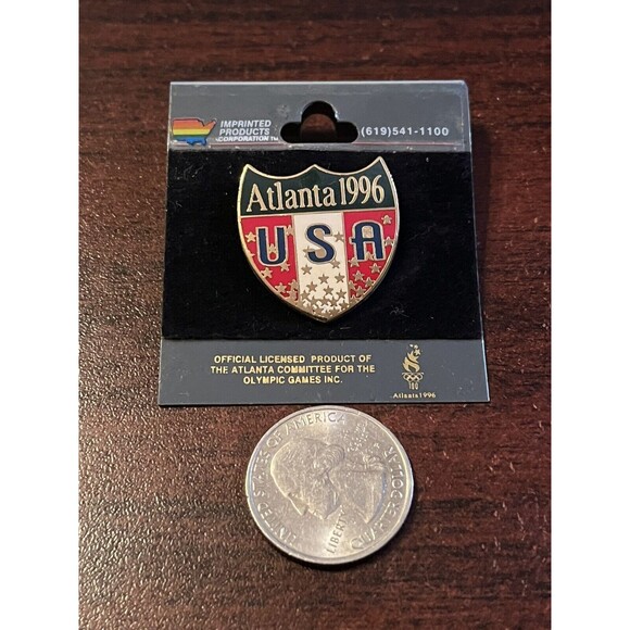 Vintage Atlanta Summer‎ Olympics Team USA Shield Crest Lapel Hat Pin - Picture 2 of 3